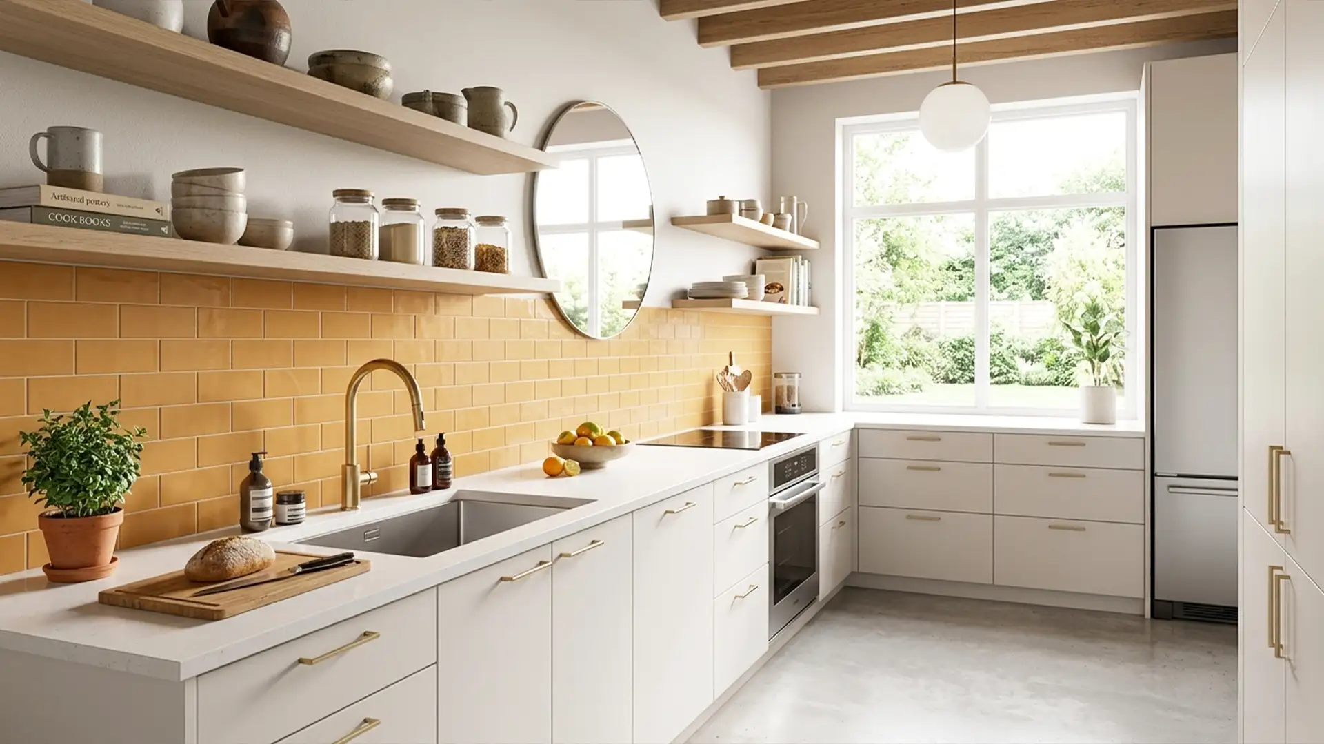 Vibrant yellow subway tile backsplash expertly installed in a contemporary kitchen with white cabinetry and minimalist decor.