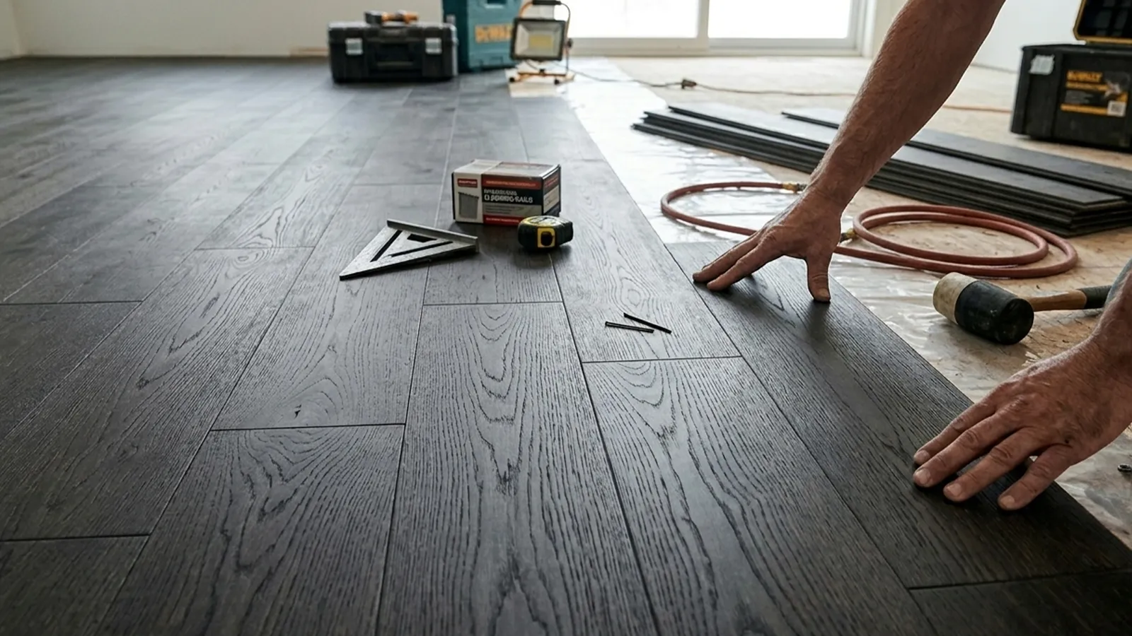 Hardwood floor entryway protected with walk off mats during Ontario winter as part of seasonal floor maintenance routine