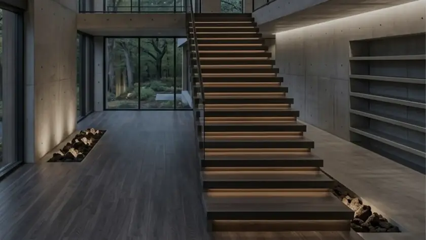 Matching staircase and flooring installation with vinyl plank and hardwood by Petun Flooring in Kitchener Ontario