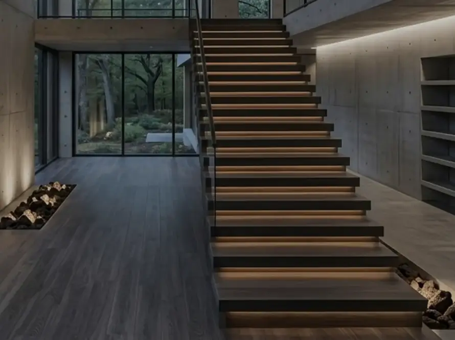 Matching staircase and flooring installation with vinyl plank and hardwood by Petun Flooring in Kitchener Ontario