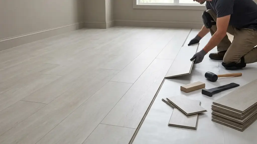 Petun Flooring team preparing subfloor before laminate installation in a Kitchener Ontario home
