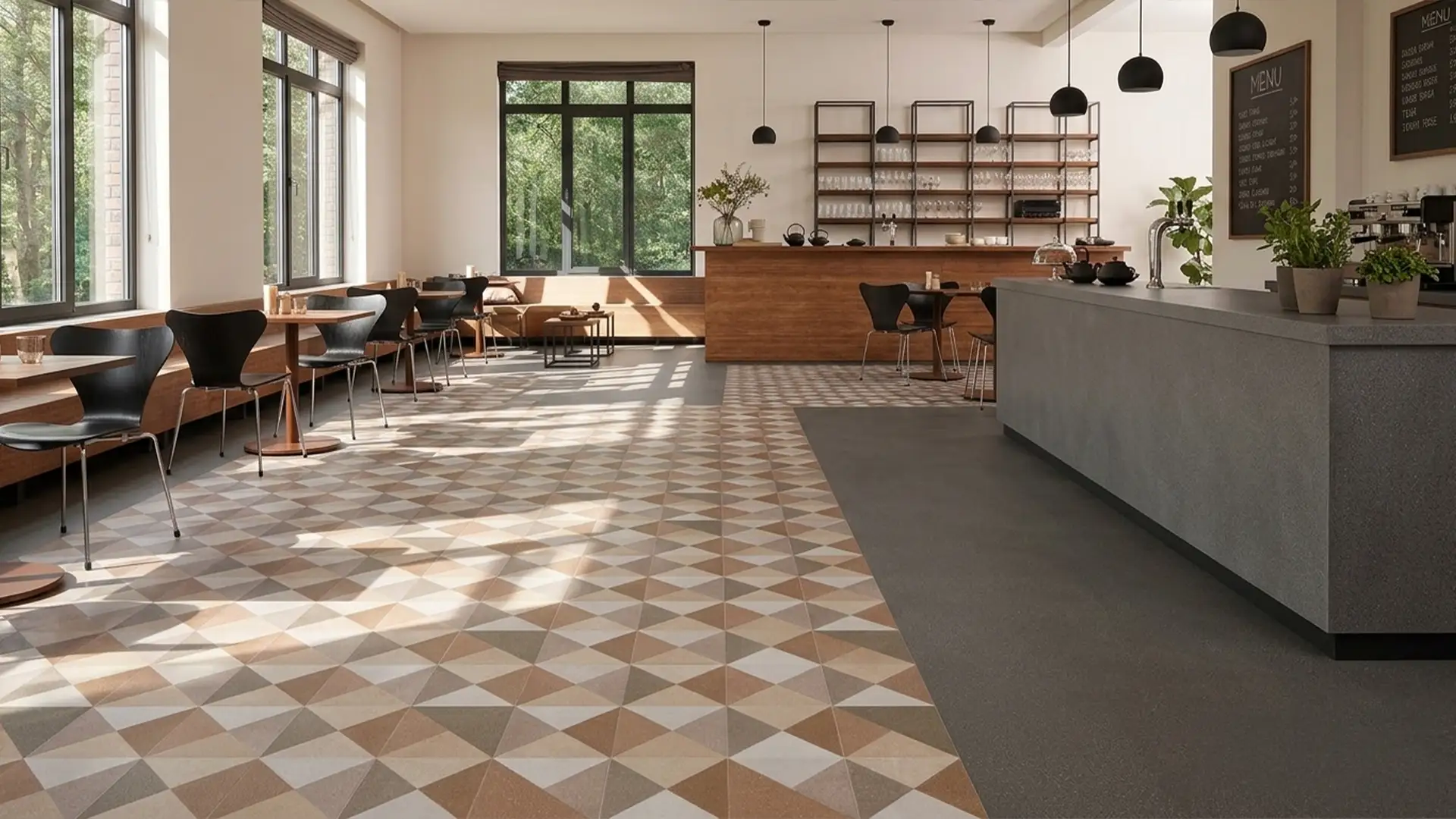 Geometric patterned floor tiles installed in a high-traffic cafe environment, showcasing precision alignment and durable grouting.