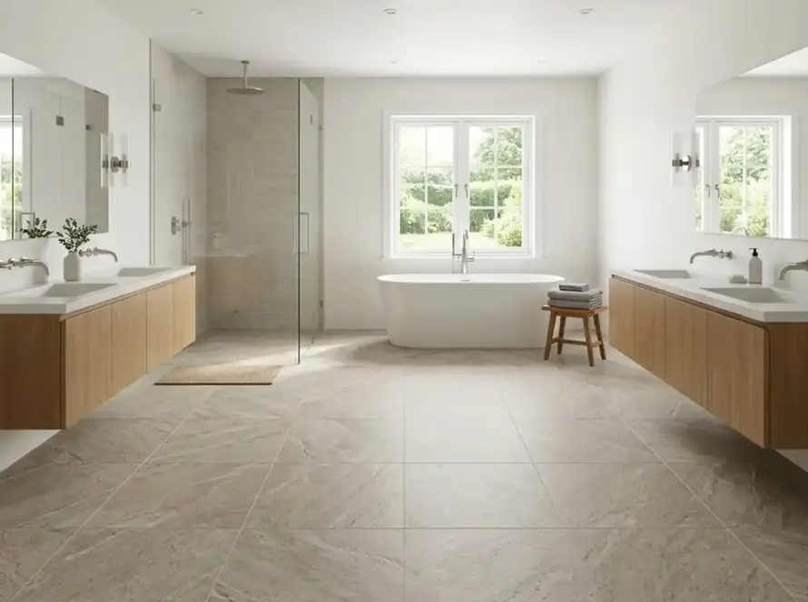 Large format porcelain floor tiles professionally installed in a modern, spacious bathroom featuring dual vanities and a freestanding tub.