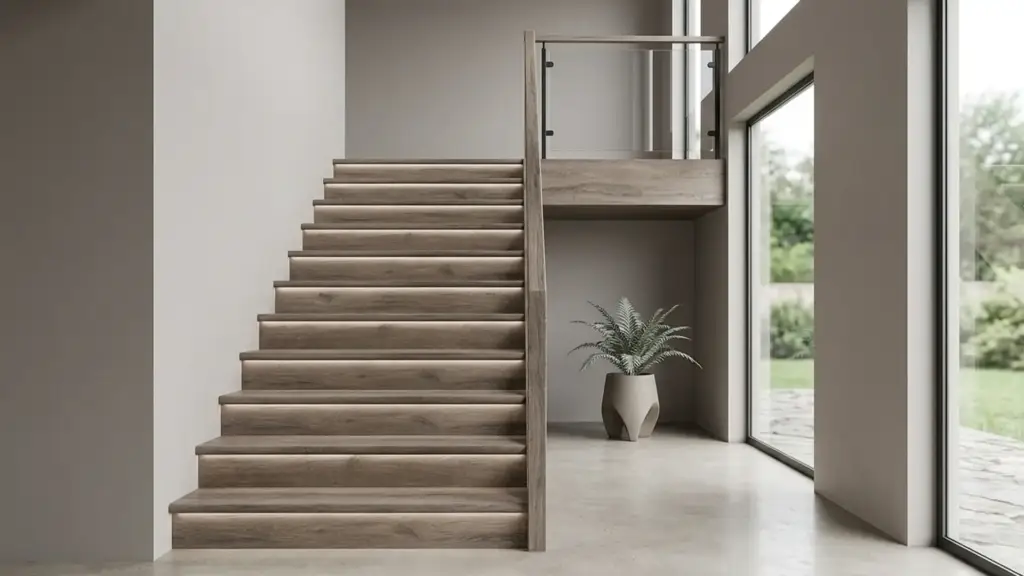 Petun Flooring installer fitting vinyl plank stair nosing and treads during a staircase installation in Kitchener Ontario