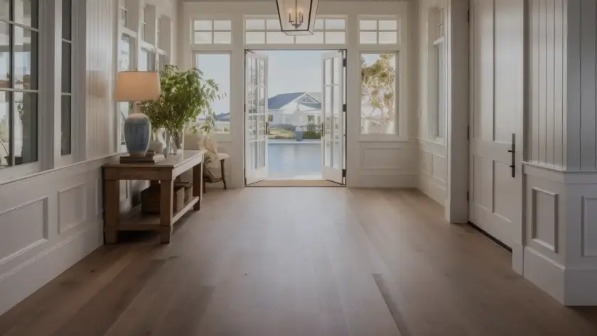 Modern Canadian mudroom with waterproof flooring, winter boots, and snowy entryway designed to handle slush, moisture, and road salt during harsh winters.