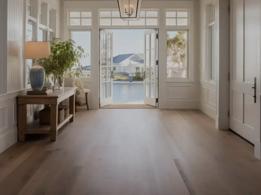 Modern Canadian mudroom with waterproof flooring, winter boots, and snowy entryway designed to handle slush, moisture, and road salt during harsh winters.