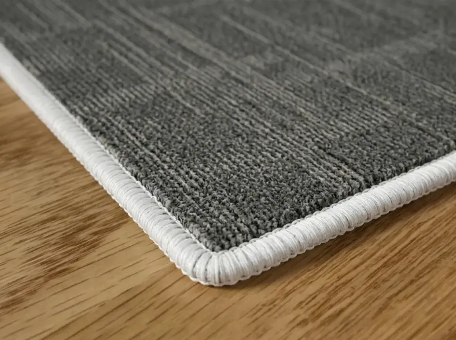 A professional carpet binding service in Kitchener where a technician carefully finishes the edge of a custom area rug, creating a clean, durable, and fray-resistant border using specialized binding equipment.