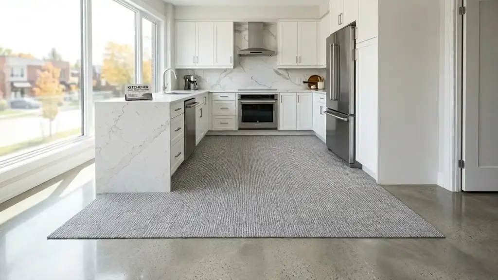 A beautifully bound area rug made from carpet remnants, showcasing premium craftsmanship and colour-matched edging.