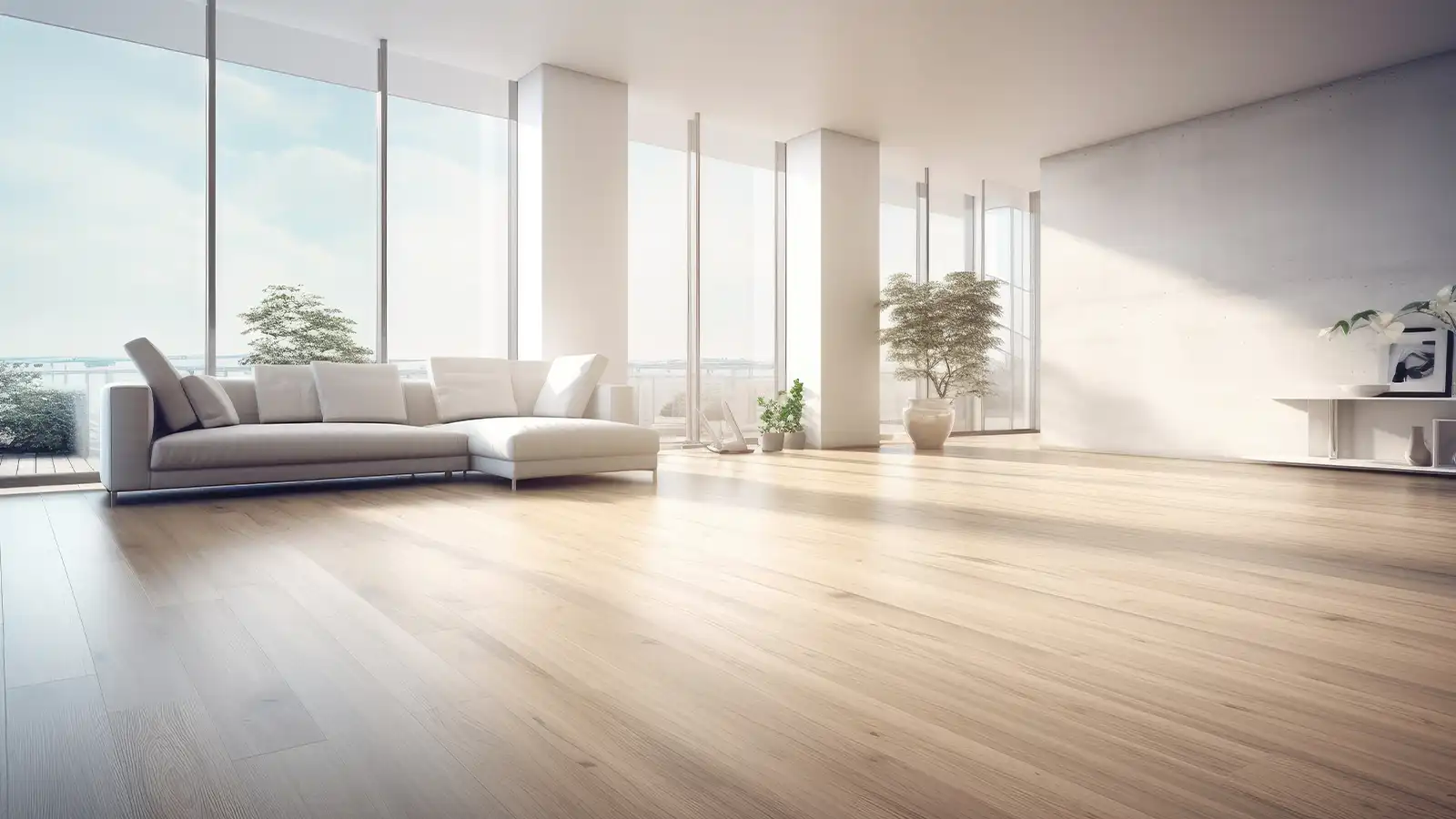 Modern fade resistant laminate and vinyl plank flooring samples designed for sun drenched Canadian living rooms with large windows and natural light.