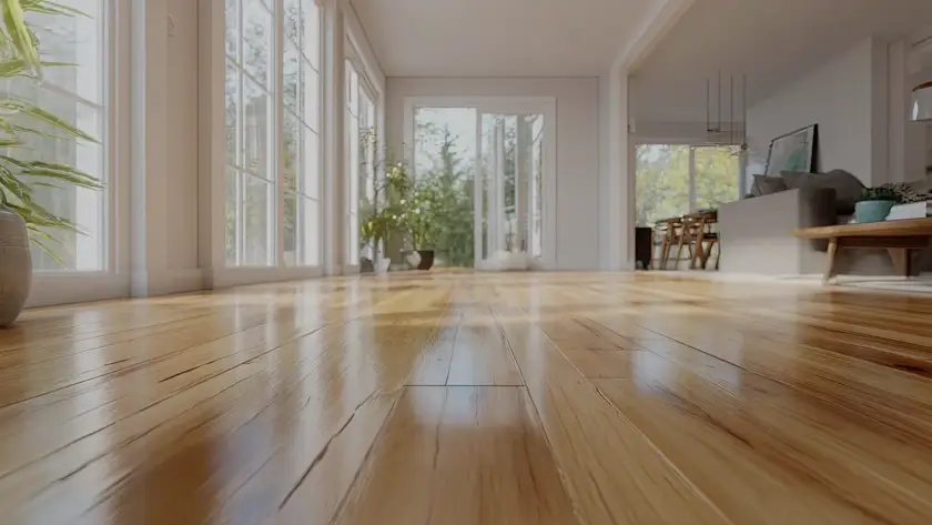 Bright Ontario living room with large sun filled windows and fade resistant hardwood flooring designed to withstand long term UV exposure and natural sunlight.