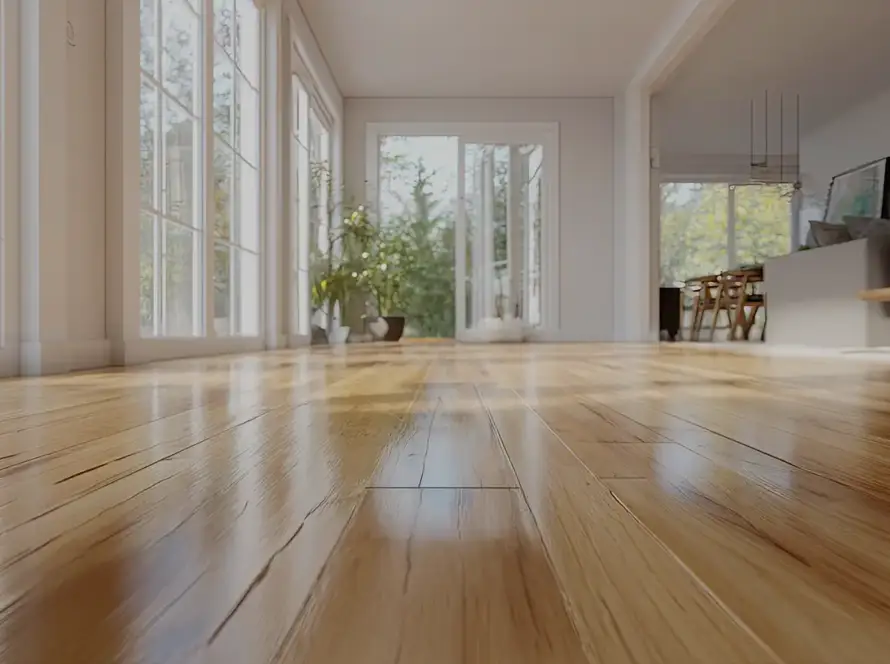 Bright Ontario living room with large sun filled windows and fade resistant hardwood flooring designed to withstand long term UV exposure and natural sunlight.