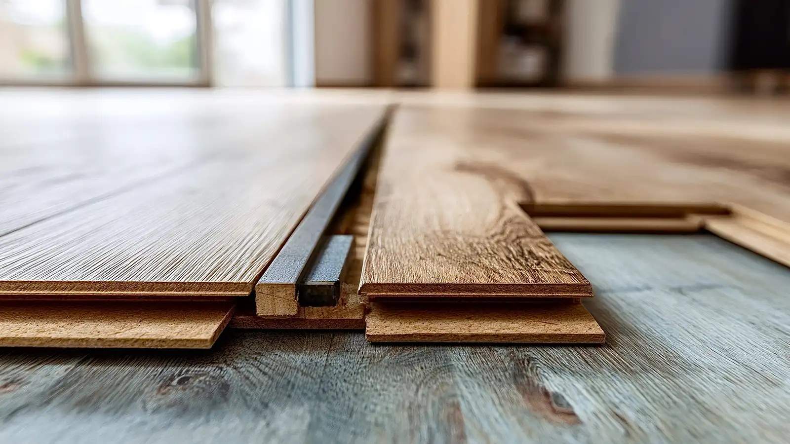 Split visual concept showing worn and damaged hardwood flooring boards alongside newly installed modern hardwood, representing the decision between refinishing and full replacement.
