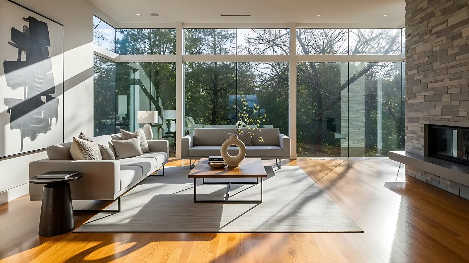 Contemporary living room with Low E glass windows helping protect hardwood flooring from UV damage and long term sun fading.