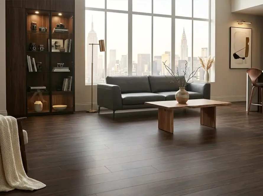 A wide-angle view of a professionally installed luxury vinyl floor in a modern Canadian home, showcasing seamless plank alignment and high-end interior design.