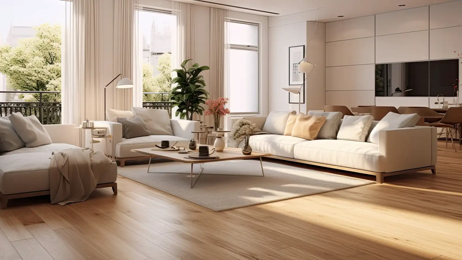 Hardwood flooring exposed to direct sunlight showing visible colour fading and uneven tones caused by prolonged UV exposure in a bright living room.