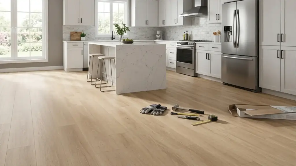 A close-up of a professional flooring transition and edge finish, showcasing high-quality craftsmanship and attention to detail.