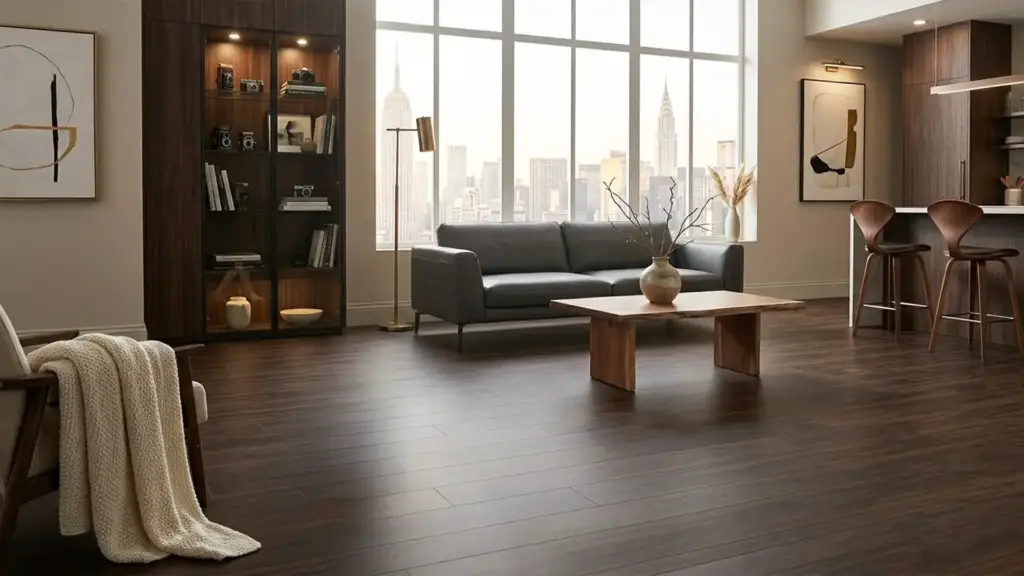 An expert flooring installer fitting 100% waterproof vinyl planks with precision expansion gaps for an Ontario climate.