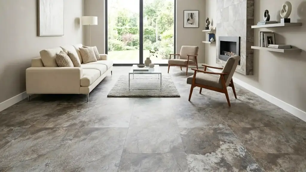 A specialist ensuring precise alignment and bonding of waterproof vinyl tiles during the installation process.
