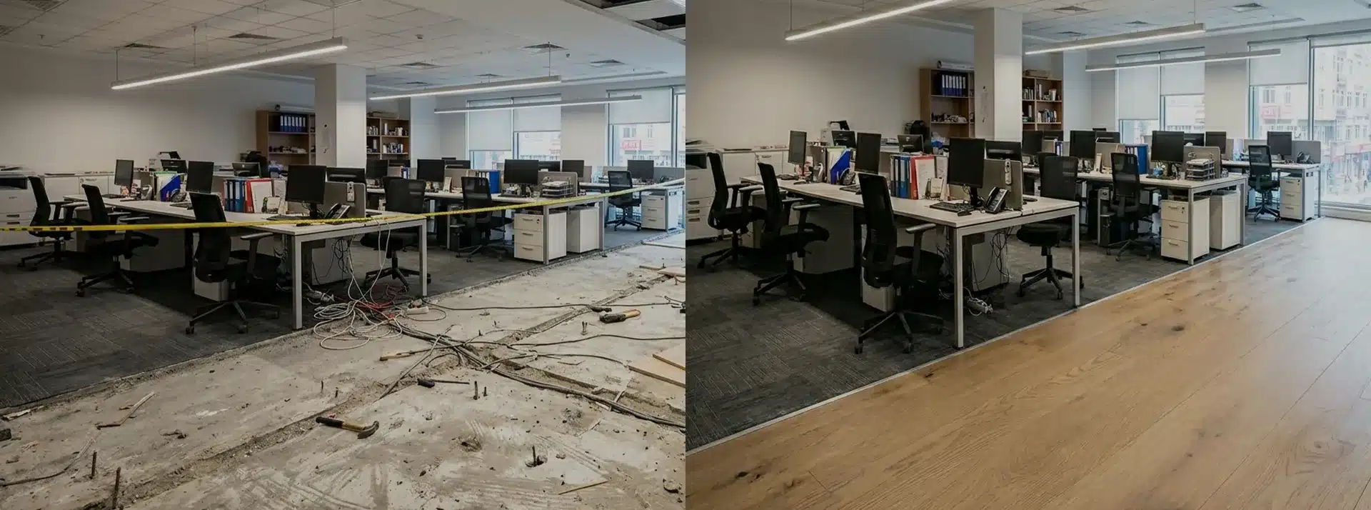 Before and after flooring renovation project