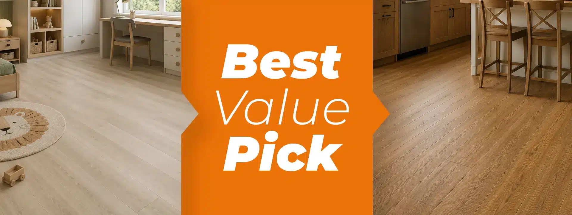 New SPC vinyl plank flooring in a bright modern living room, on sale for $1.99 per sq. ft. with 20mil wearlayer, 7mm thickness, 100% virgin vinyl and phthalate free
