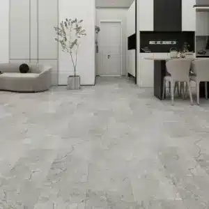 Chrome 7mm NAF Aquatile rigid core SPC tile flooring in a grey stone living room