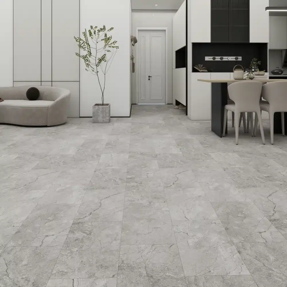 Chrome 7mm NAF Aquatile rigid core SPC tile flooring in a grey stone living room