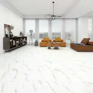 Gold 7mm NAF Aquatile rigid core SPC tile flooring with warm gold marble veining