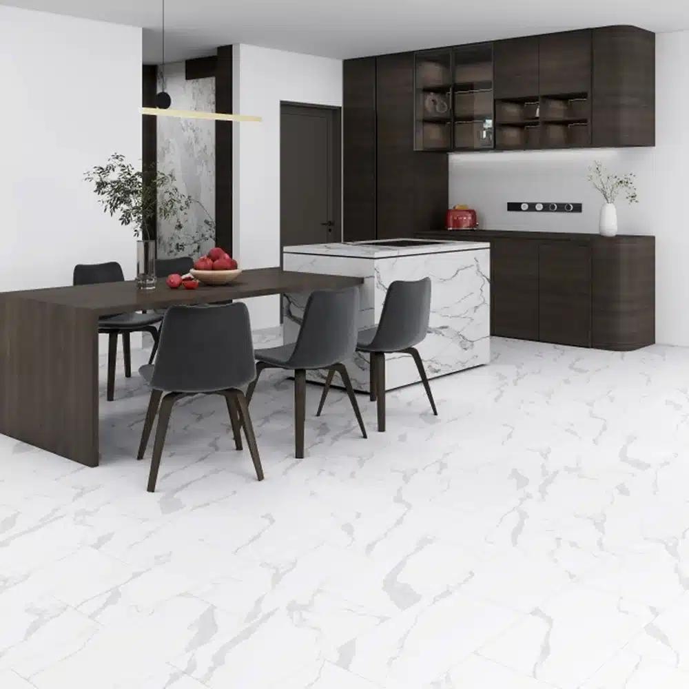 Marble 7mm NAF Aquatile rigid core SPC tile flooring in a white marble finish