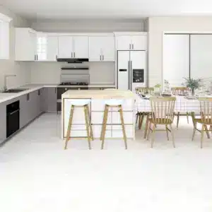 Selenite 7mm NAF Aquatile rigid core SPC tile flooring in a pale stone kitchen