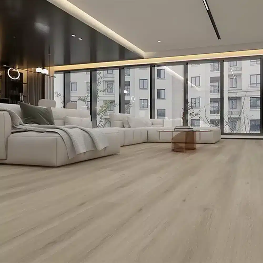 Woden 1001 Sandy Cove SPC vinyl plank flooring in a bright open living room