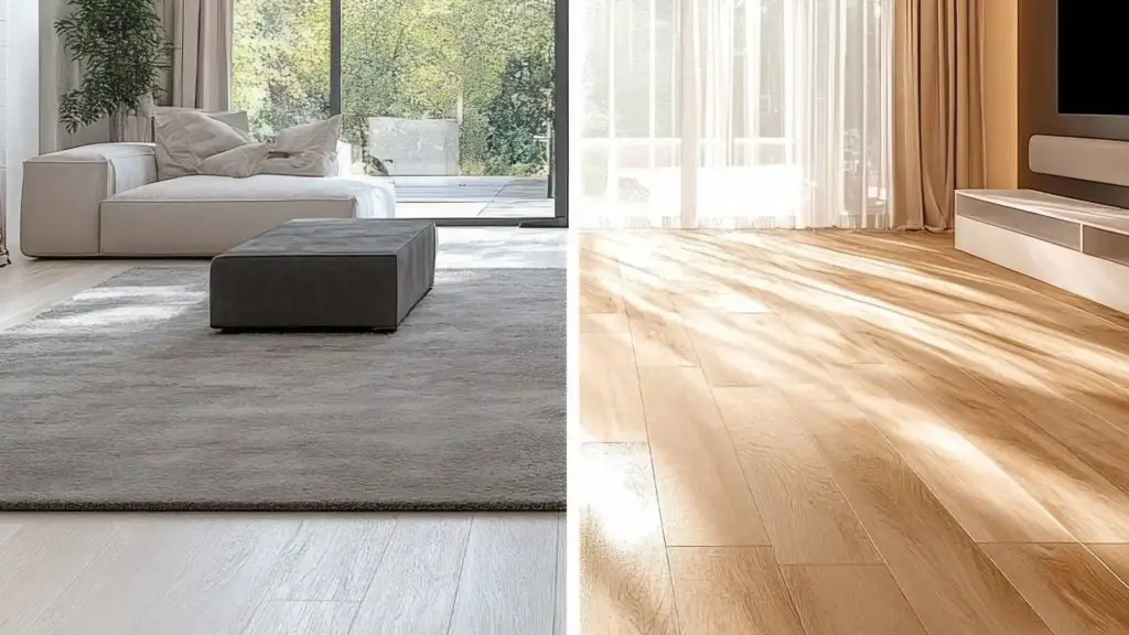 Cost of hardwood vs vinyl in Canada shown in a bright living room with two floor finishes