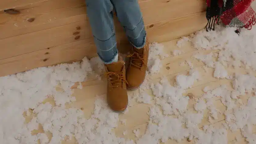 Person in winter boots sitting on a pine hardwood floor scattered with artificial snow