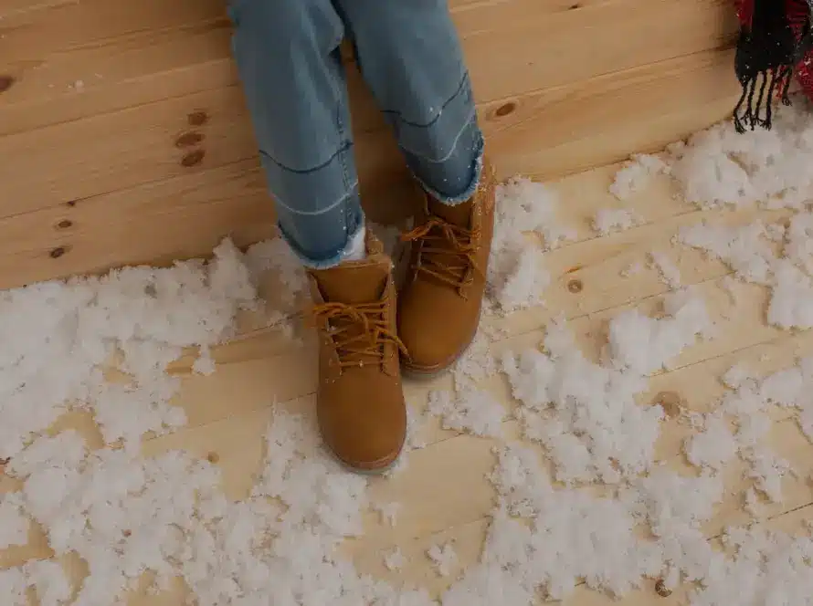 Person in winter boots sitting on a pine hardwood floor scattered with artificial snow