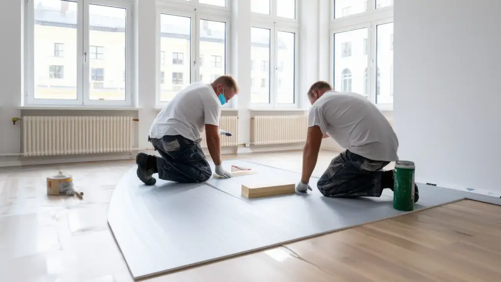 Two installers laying underlayment and vinyl planks over an existing glossy tile floor