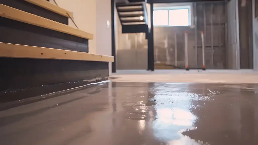 Moisture resistant flooring for a concrete subfloor in a damp Ontario basement before renovation