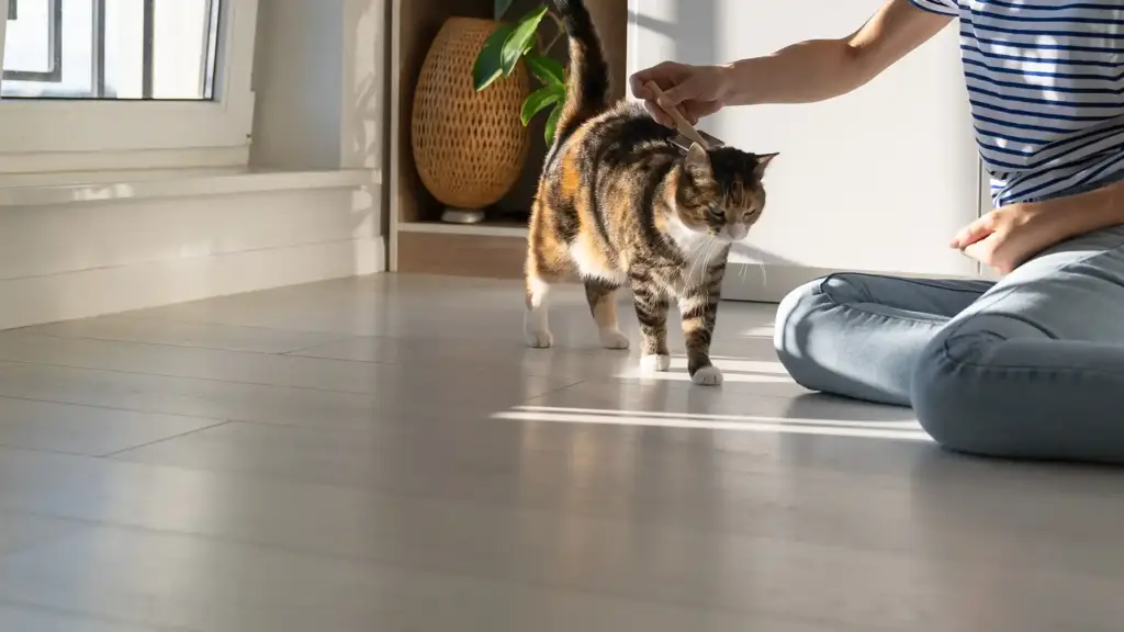 Scratch resistant luxury vinyl plank in grey oak with a cat walking across the floor