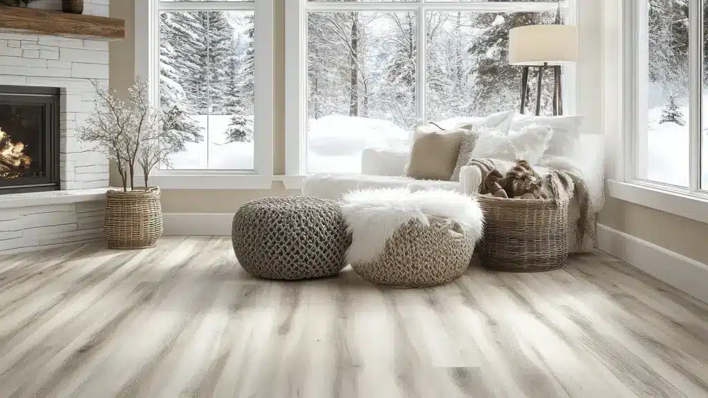 Bright Canadian living room with wide plank flooring, a fireplace and snowy windows